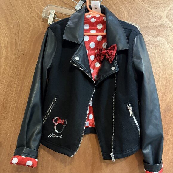 Faux leather & cloth Minnie Mouse Motorcycle Black Jacket Girl's size 7 / 8 - Picture 1 of 5